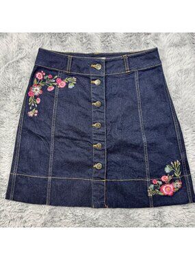 Kate Spade Womens Size 4 Denim Mini Skirt Floral Embroidery Button A Line NEW